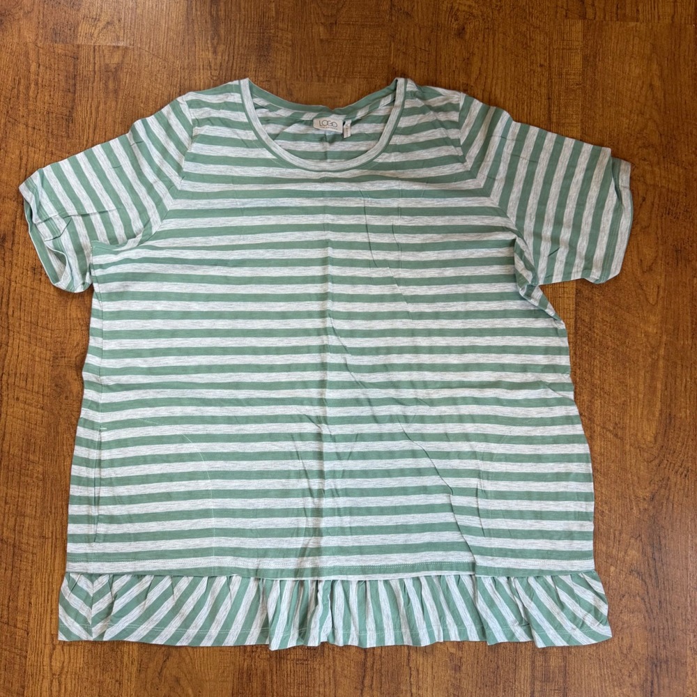 LOGO Lori Goldstein T-Shirt Womens XL Green Striped Peplum Hem Casual Slub Knit